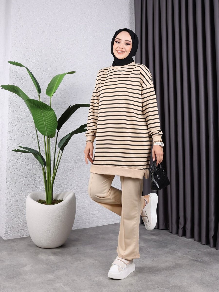 SFG Life Moda Taş Bisiklet Yaka Ve Çizgili İplik Pantolon İle Tunik Takım