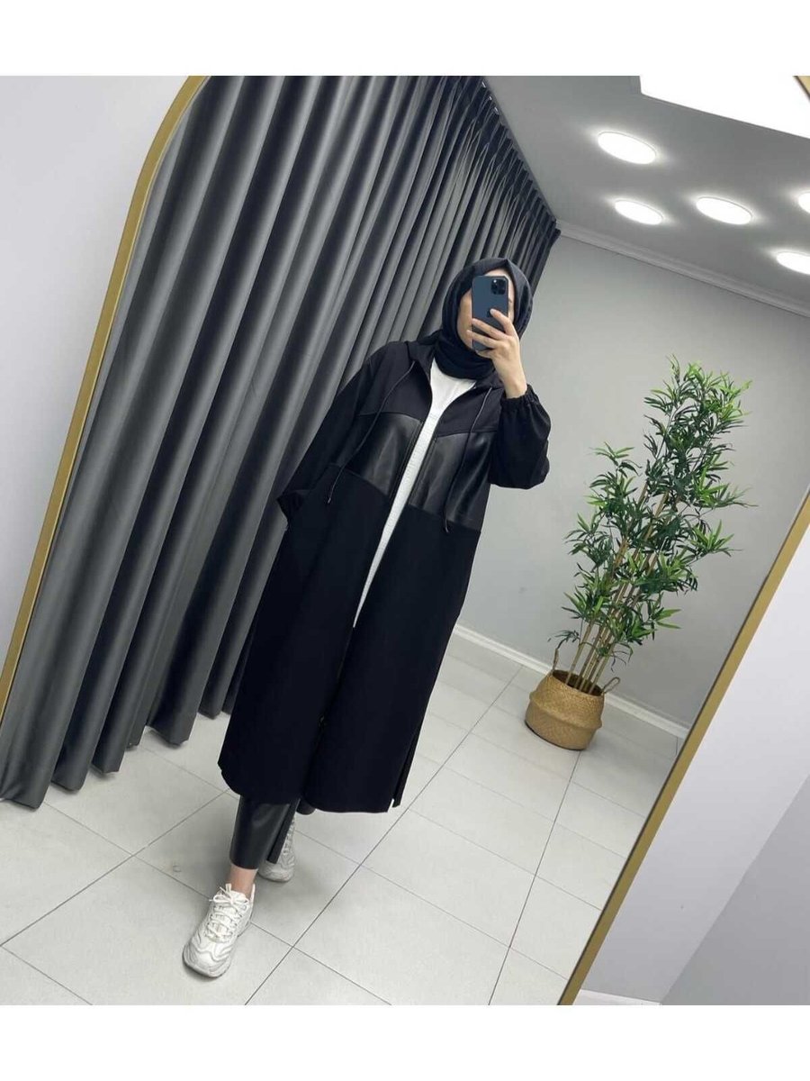 Meryemce Butik Deri Detaylı İki İplik Giy Çık Uzun Kap