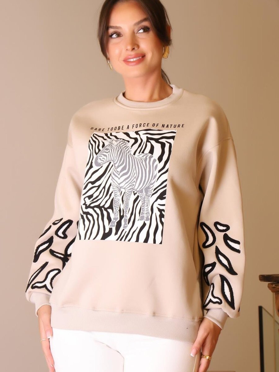 Mint Bej Zebra Desenli Sweatshirt