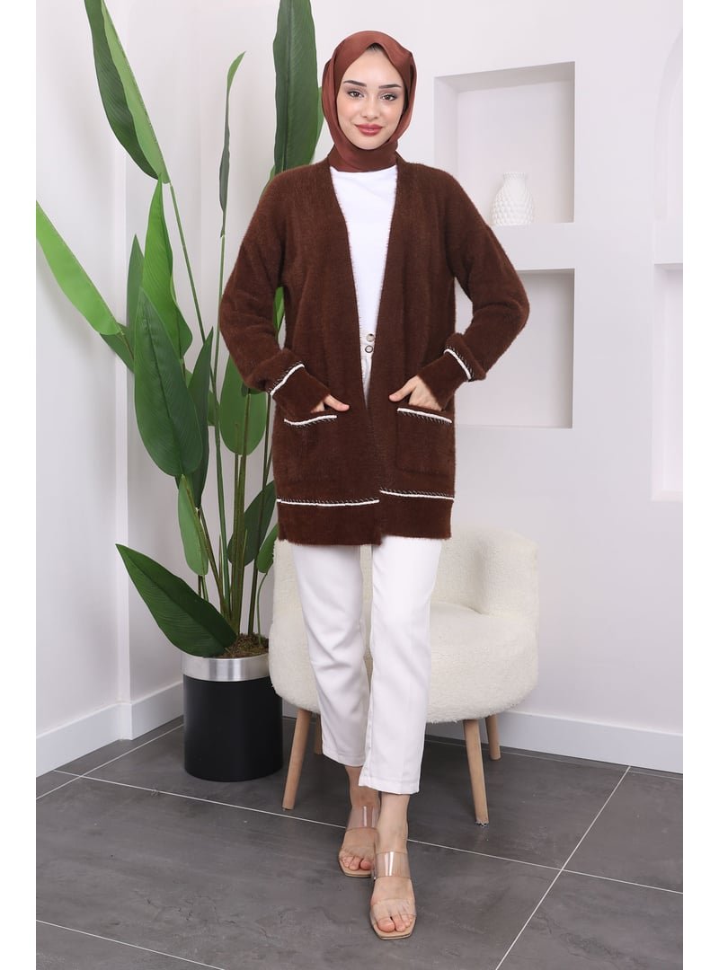 İmaj Butik Kahverengi Gofralı Sim Şeritli Yumoş Triko Hırka