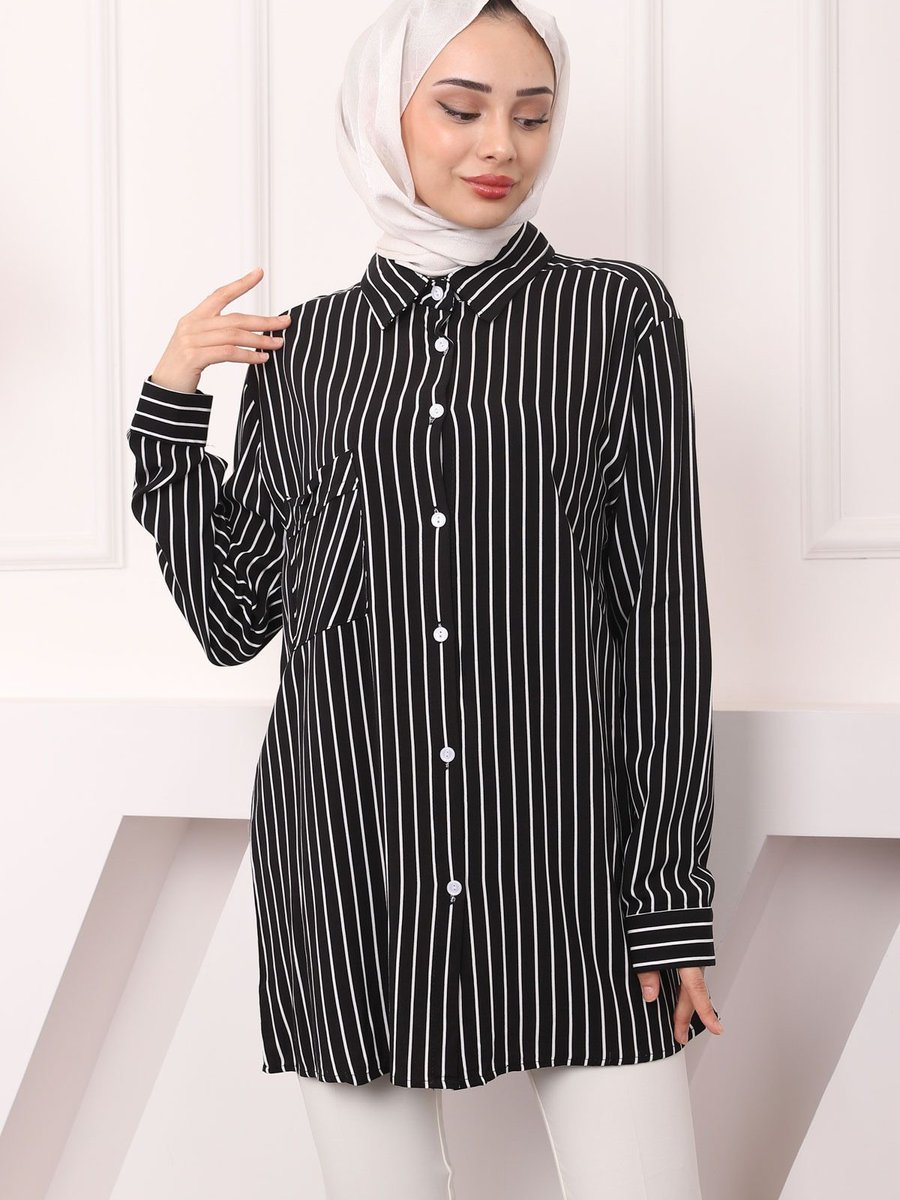 İmajbutik Siyah Çizgili Tek Cepli Gömlek