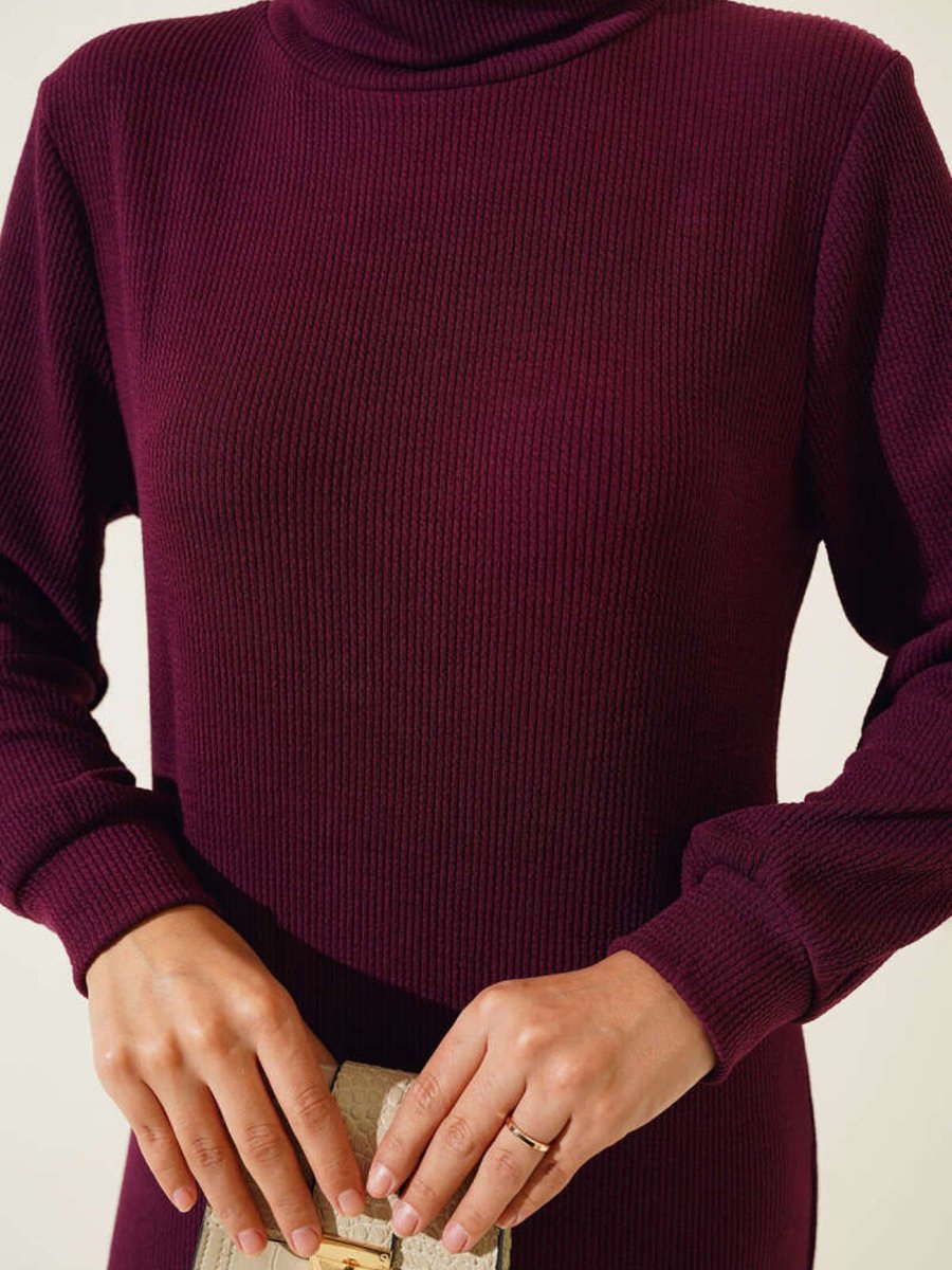 Yazgı Moda Fitilli Balıkçı Yaka Elbise Mürdüm