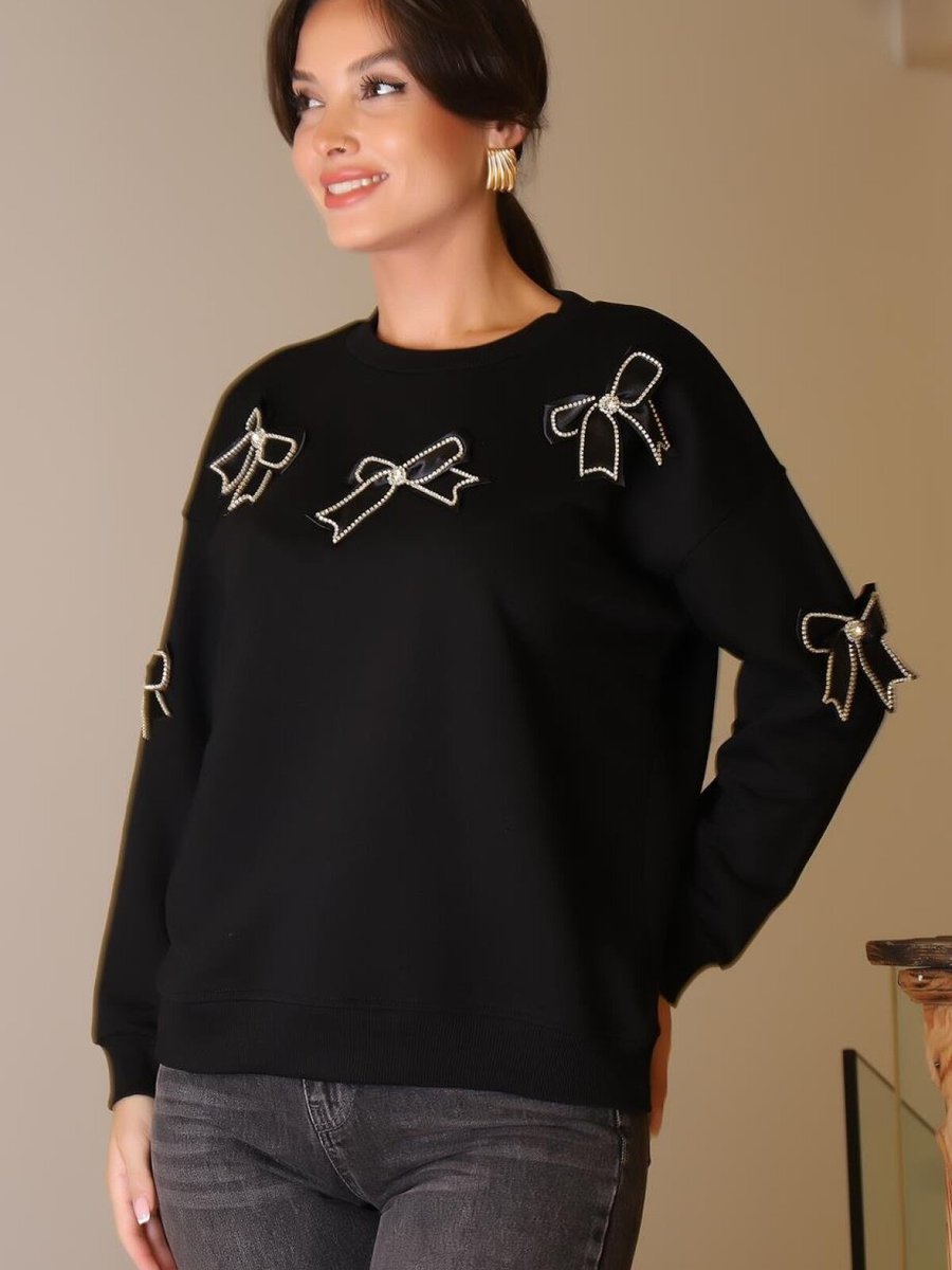 Mint Siyah Sıfır Yaka Kurdelalı Sweatshirt