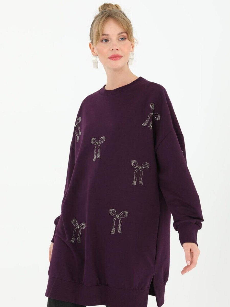 Puane Mor İki İplik Kumaş Taş Baskılı Sweatshirt
