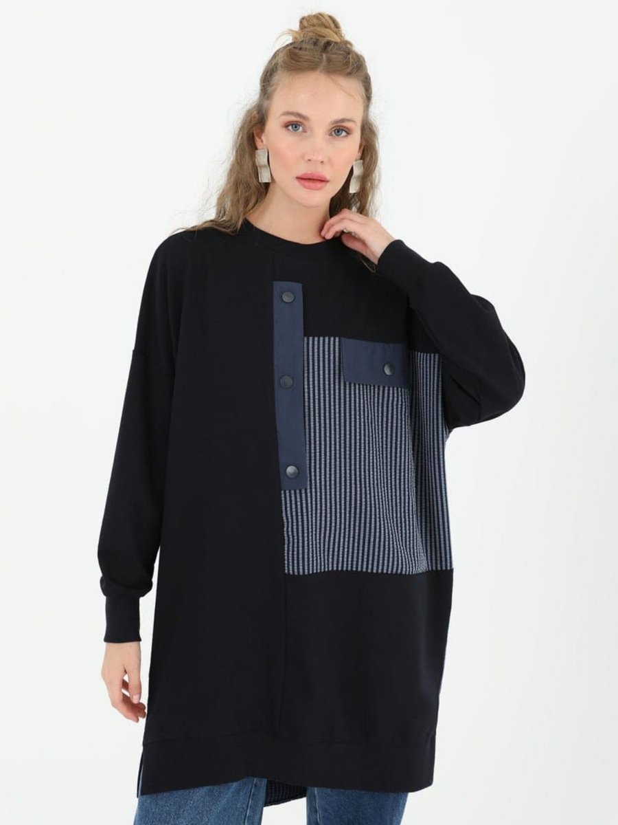 Puane İki İplik Kumaş Düğme Ve Çizgi Detaylı Sweatshirt