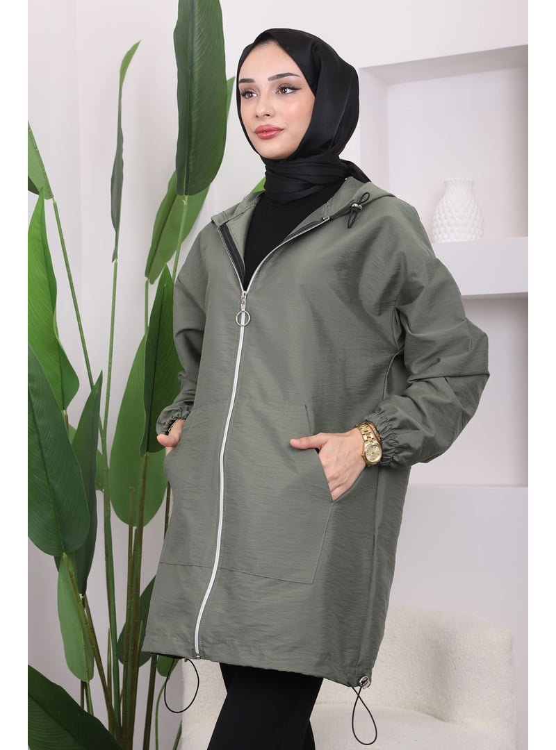 İmaj Butik Haki Kapüşonlu Fermuarlı Trençkot