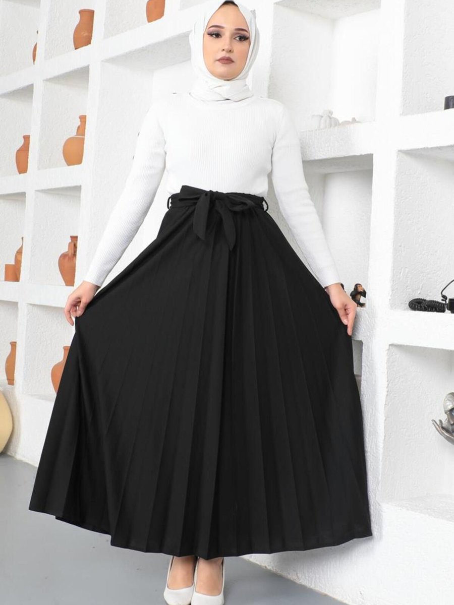 Moda Ebva Kuşaklı Pileli Uzun Etek Siyah