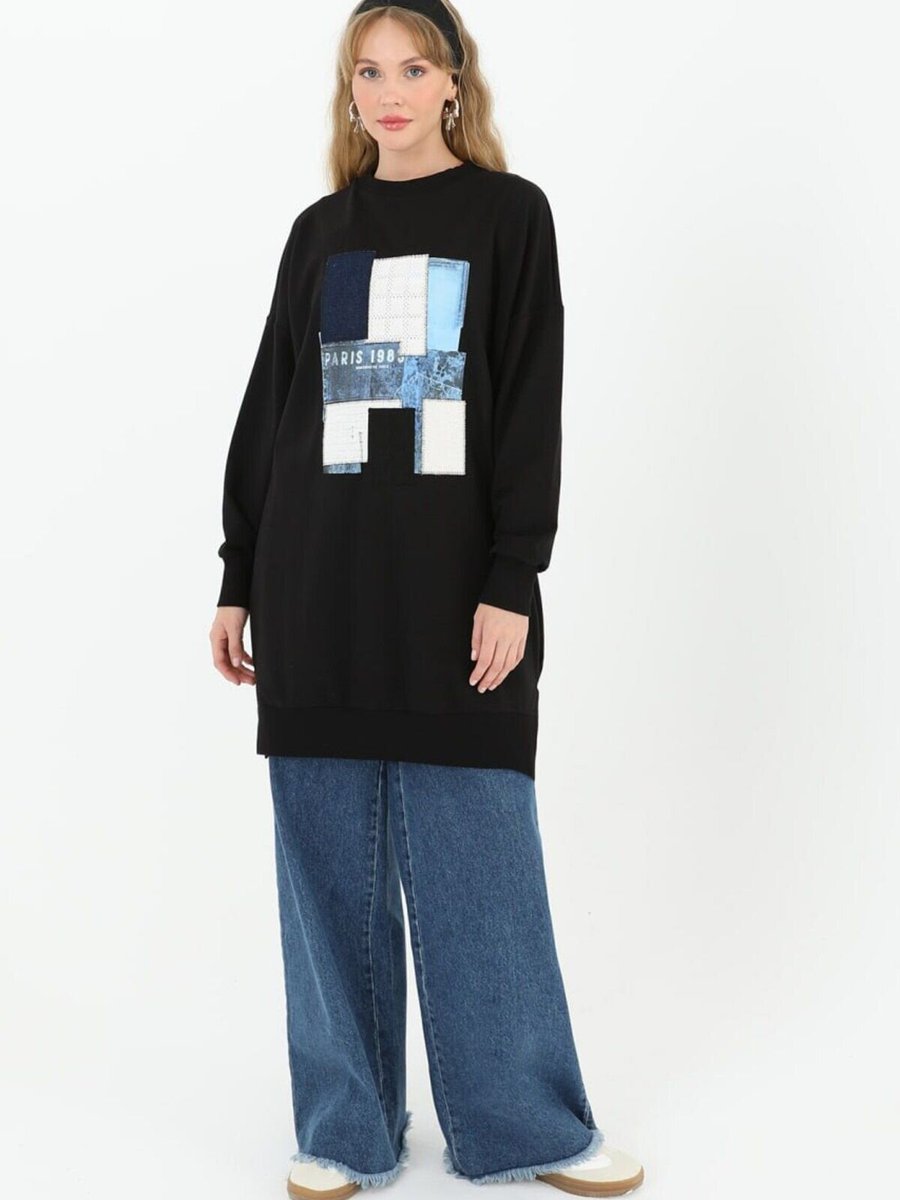 Puane Siyah İki İplik Kumaş Önü Garnili Sweatshirt