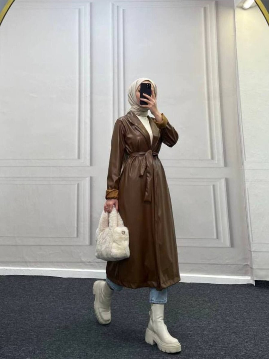 Esre Store Deri Trençkot Kahverengi
