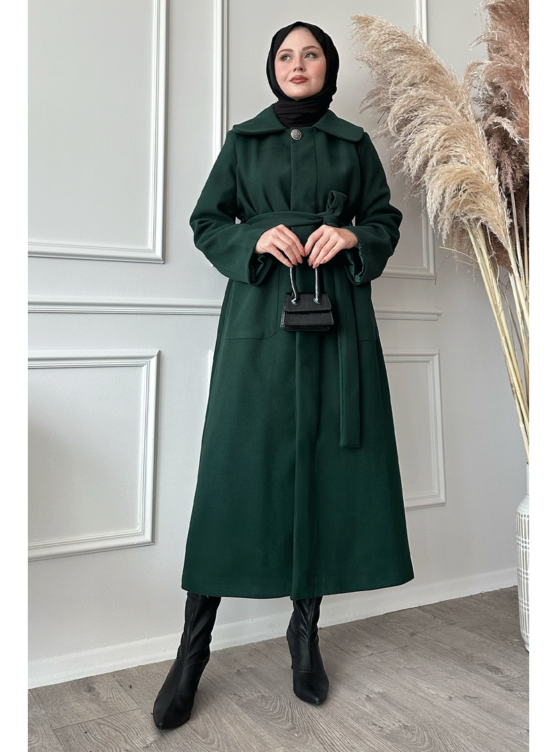 InStyle Kuşaklı Gizli Patlı Zümrüt Yeşili Kaban