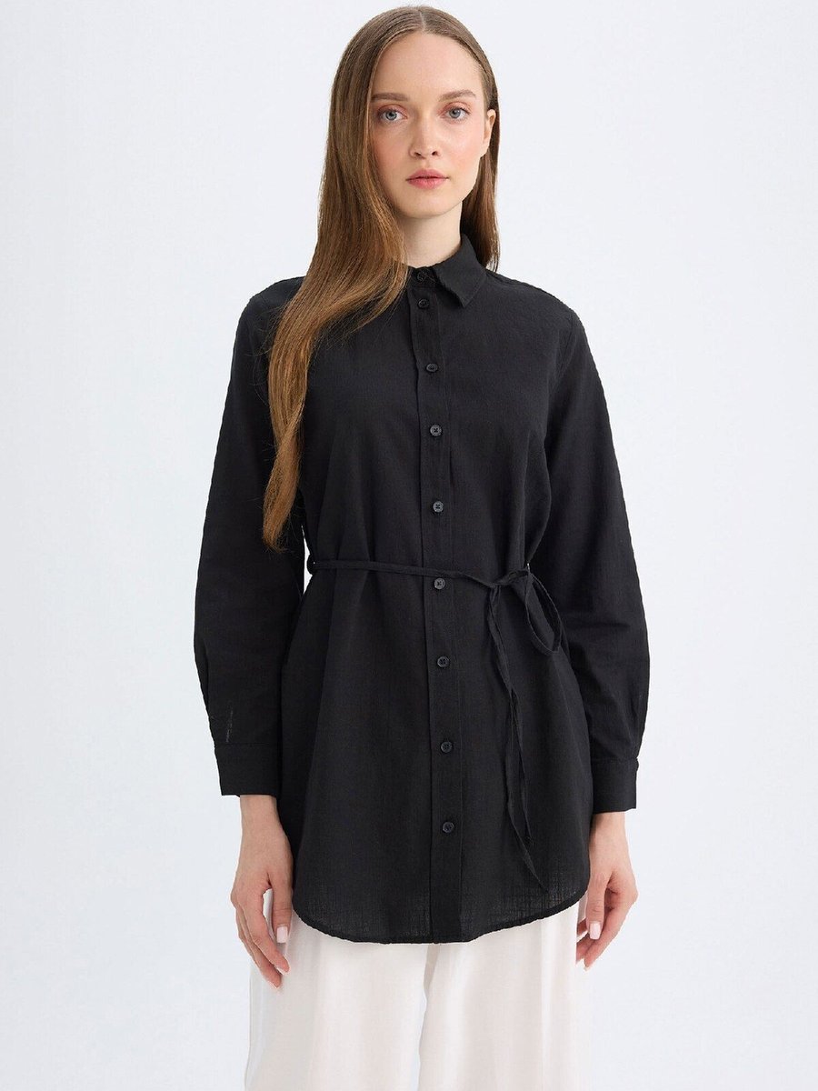 Defacto Siyah Regular Fit Yaka Poplin Basic Düz Uzun Kollu Gömlek Tunik D4160ax24au