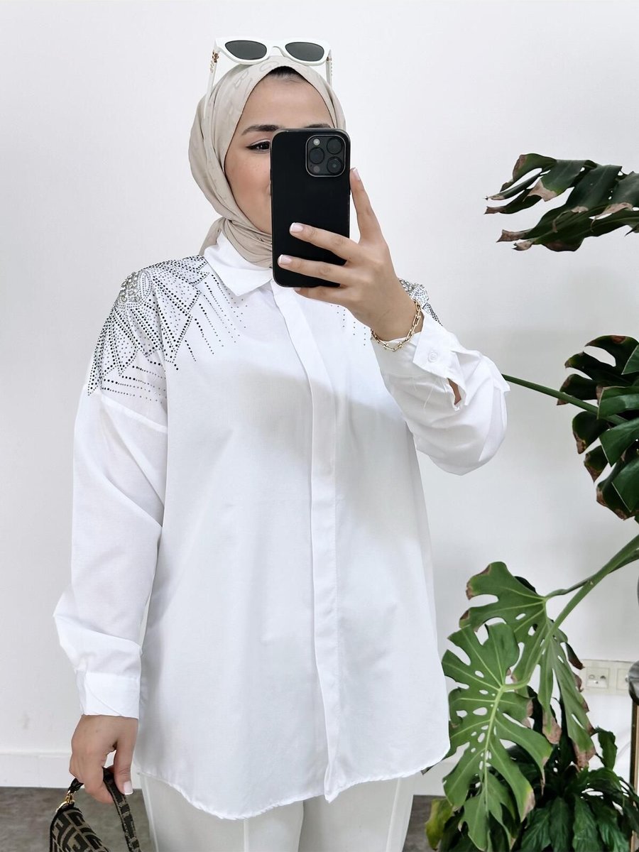 Asel Fashion Taşlı Pullu Dokuma Gömlek Beyaz
