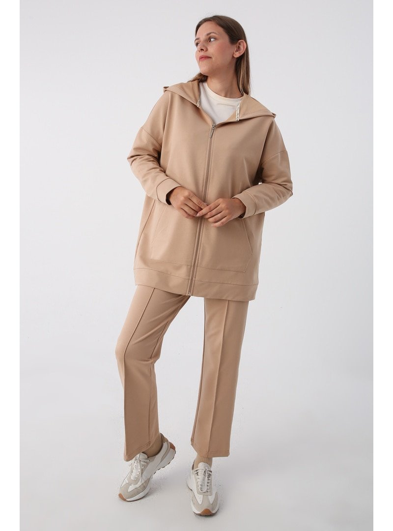 Allday Bej Kapüşonlu Fermuarlı Sweat Hırka