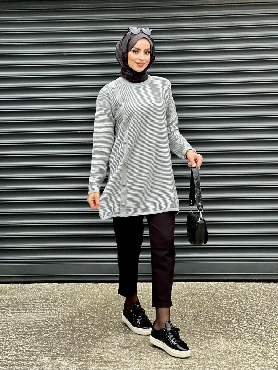 Nergis Neva Butik Gri Top Düğmeli Triko Tunik