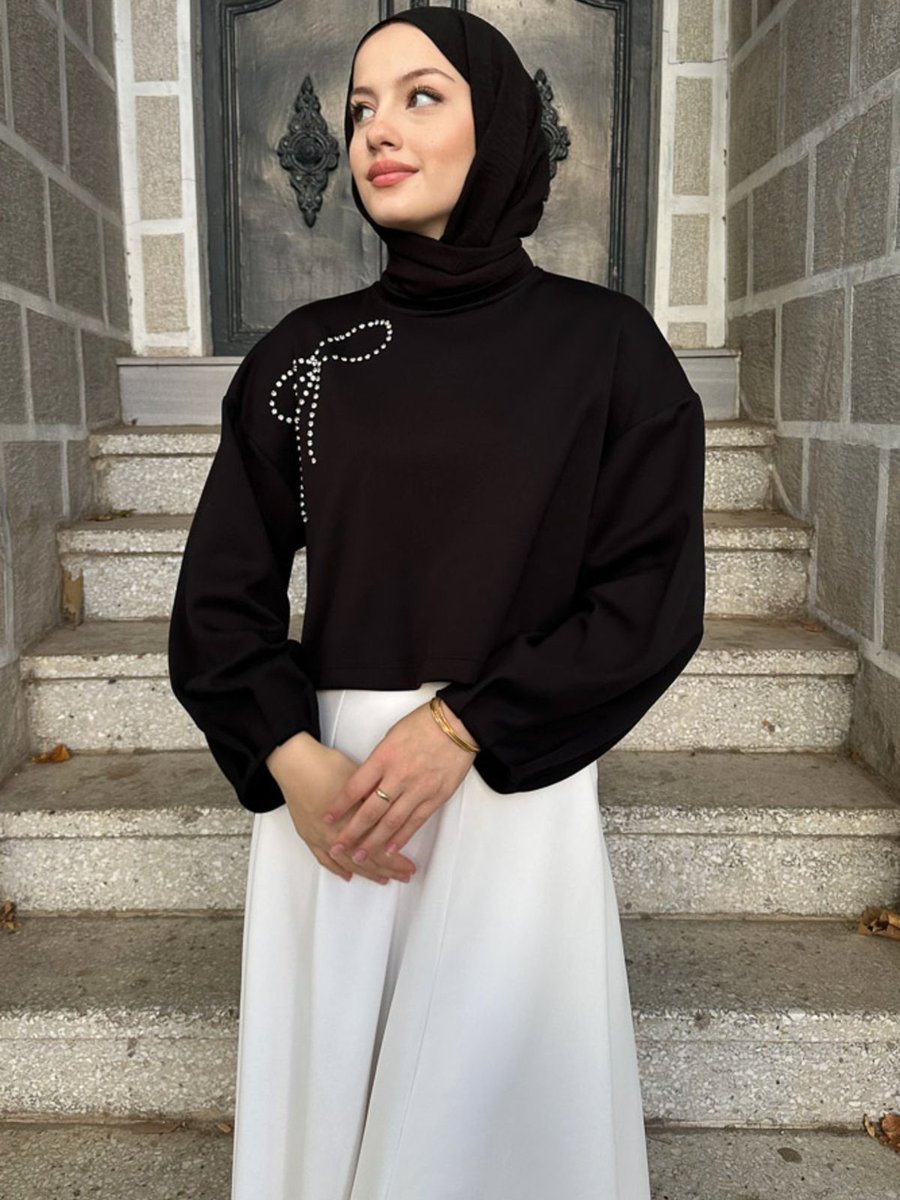 Oven Fiyonk Taşlı Kol Detaylı Basic Sweatshirt Siyah
