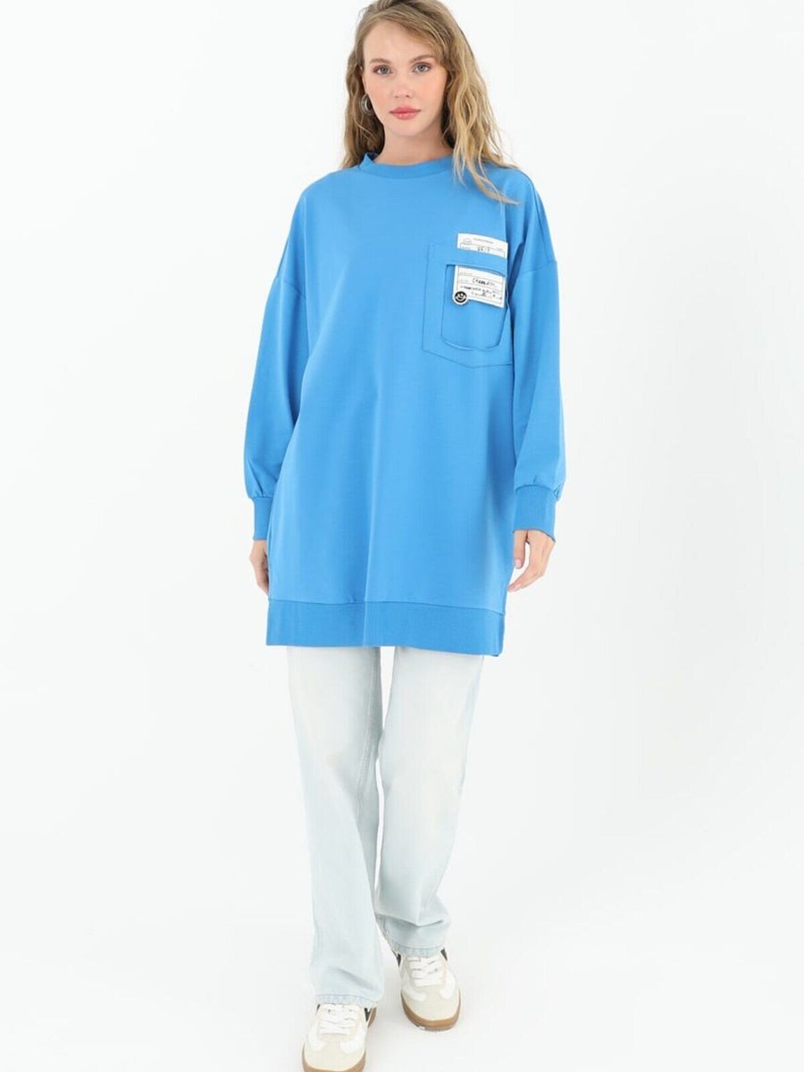 Puane Lacivert İki İplik Kumaş Cep Ve Yazı Detaylı Sweatshirt