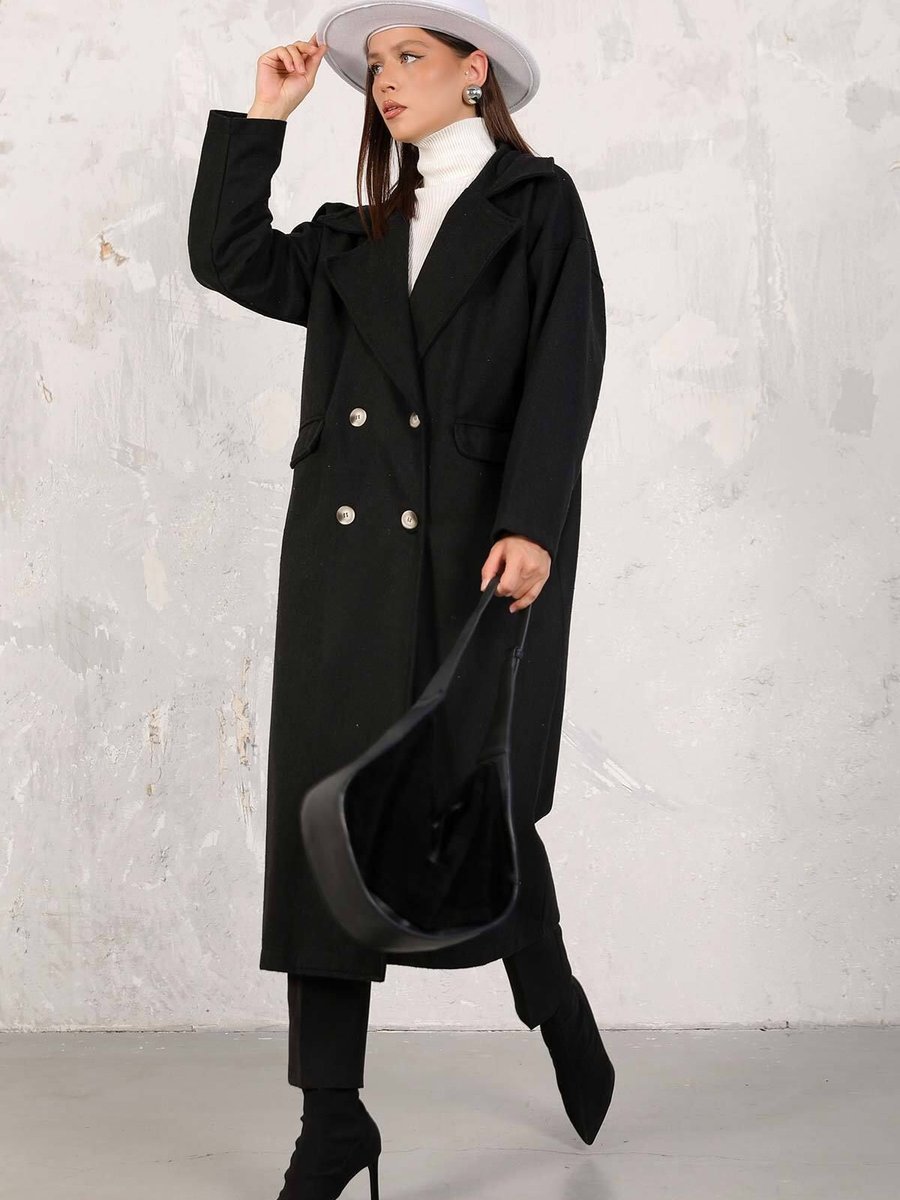 Melike Tatar Siyah Oversize Kaşe Kaban