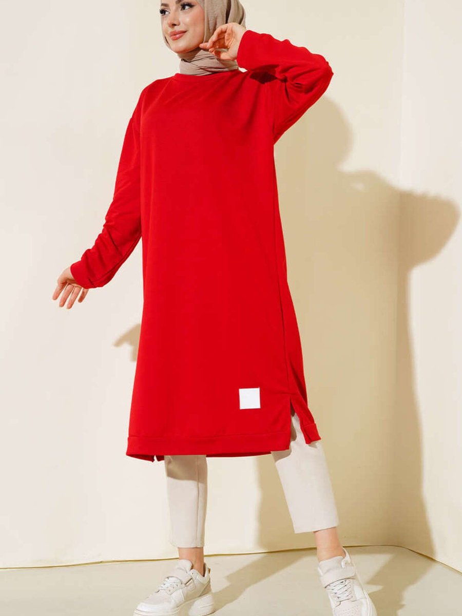 Yazgı Moda Arma Detaylı Uzun Tunik Kırmızı