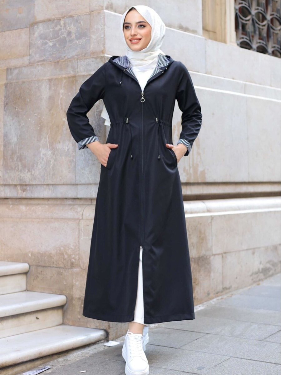 Alniss Collection Bileği Ve İçi Çizgili Kapüşonlu Tam Boy Uzun Trençkot