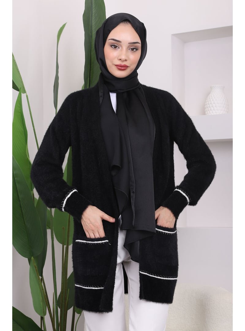 İmaj Butik Siyah Gofralı Sim Şeritli Yumoş Triko Hırka