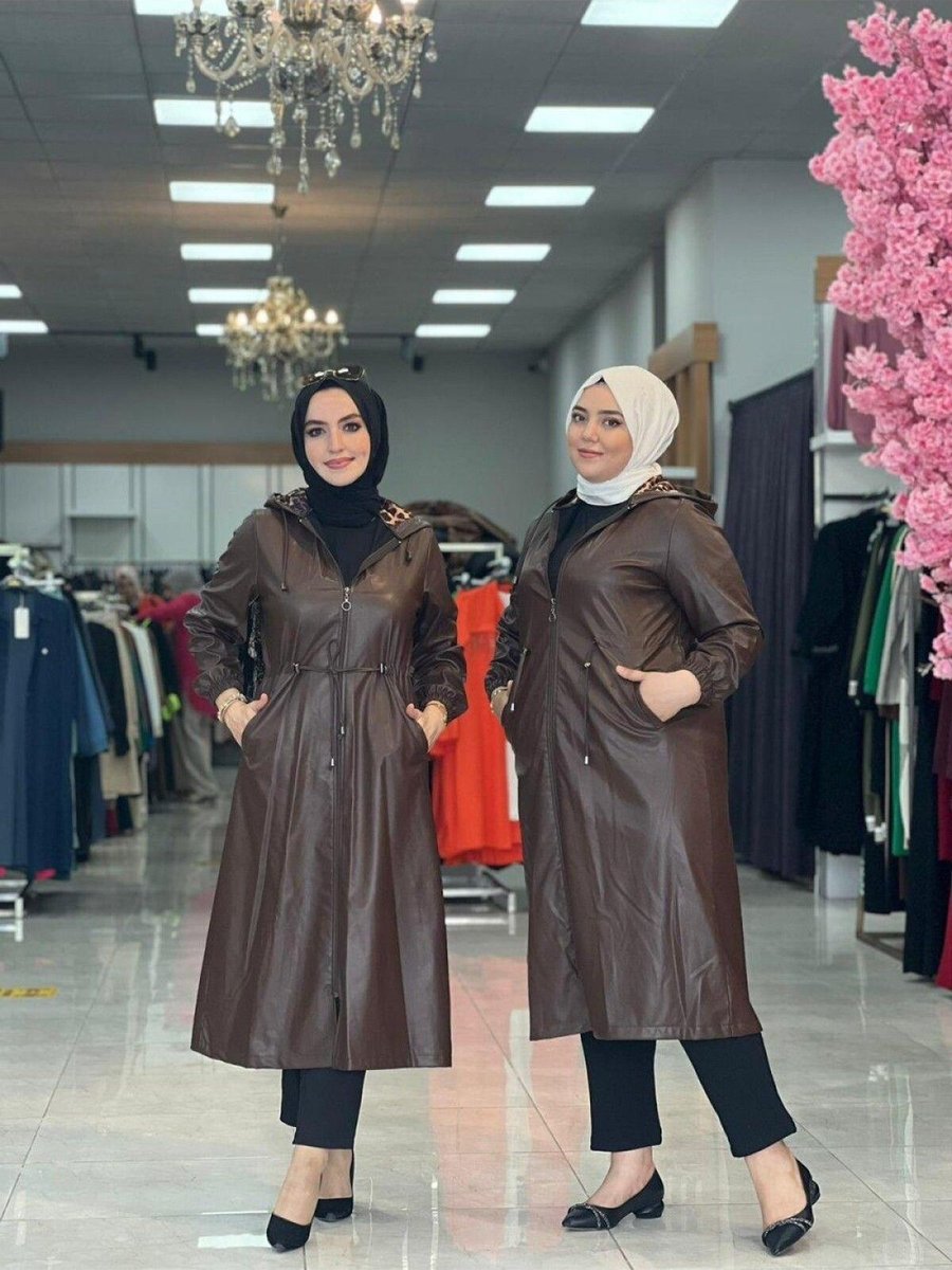Zümra Tesettür Moda Uzun Deri Trenç Acı Kahve Beden