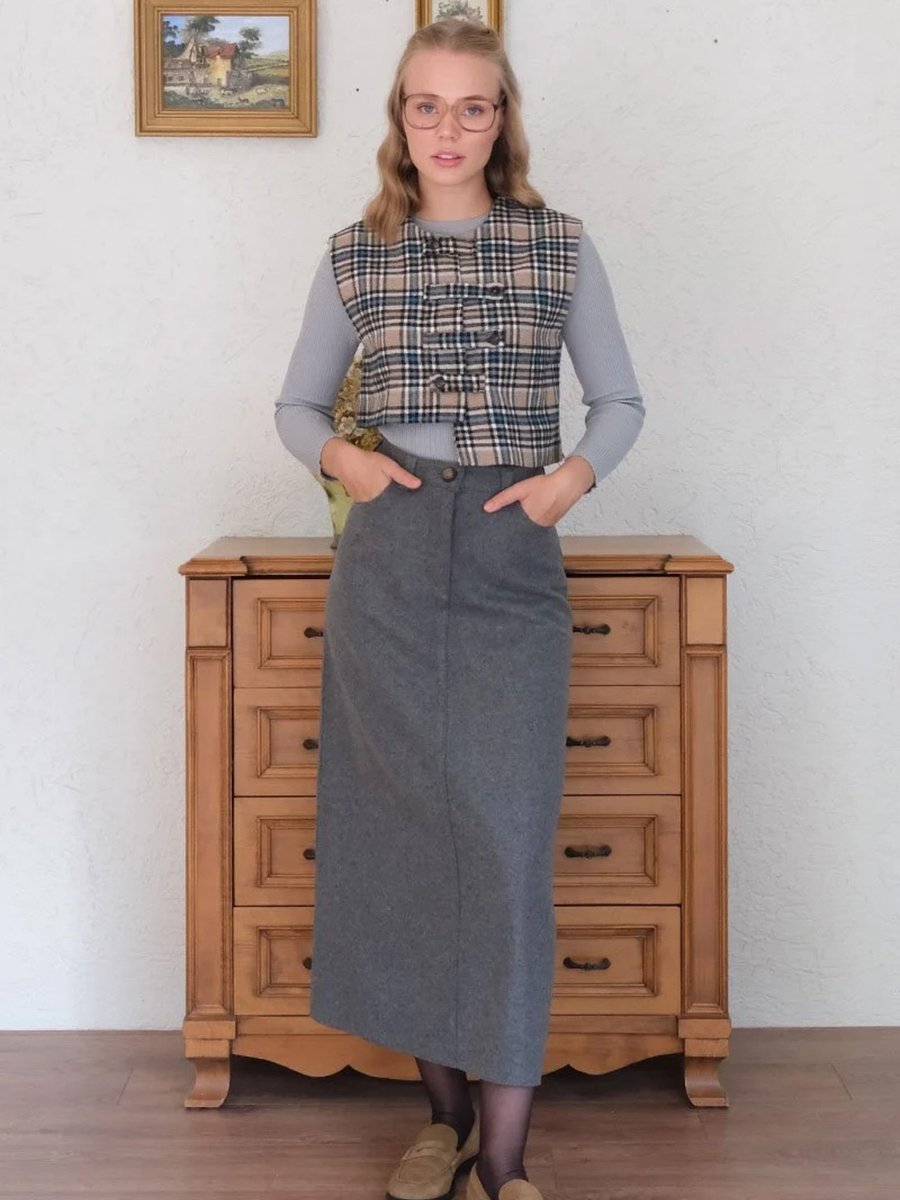 Ceylan Otantik Vizon Ekose Çapraz Düğmeli Vintage Yelek