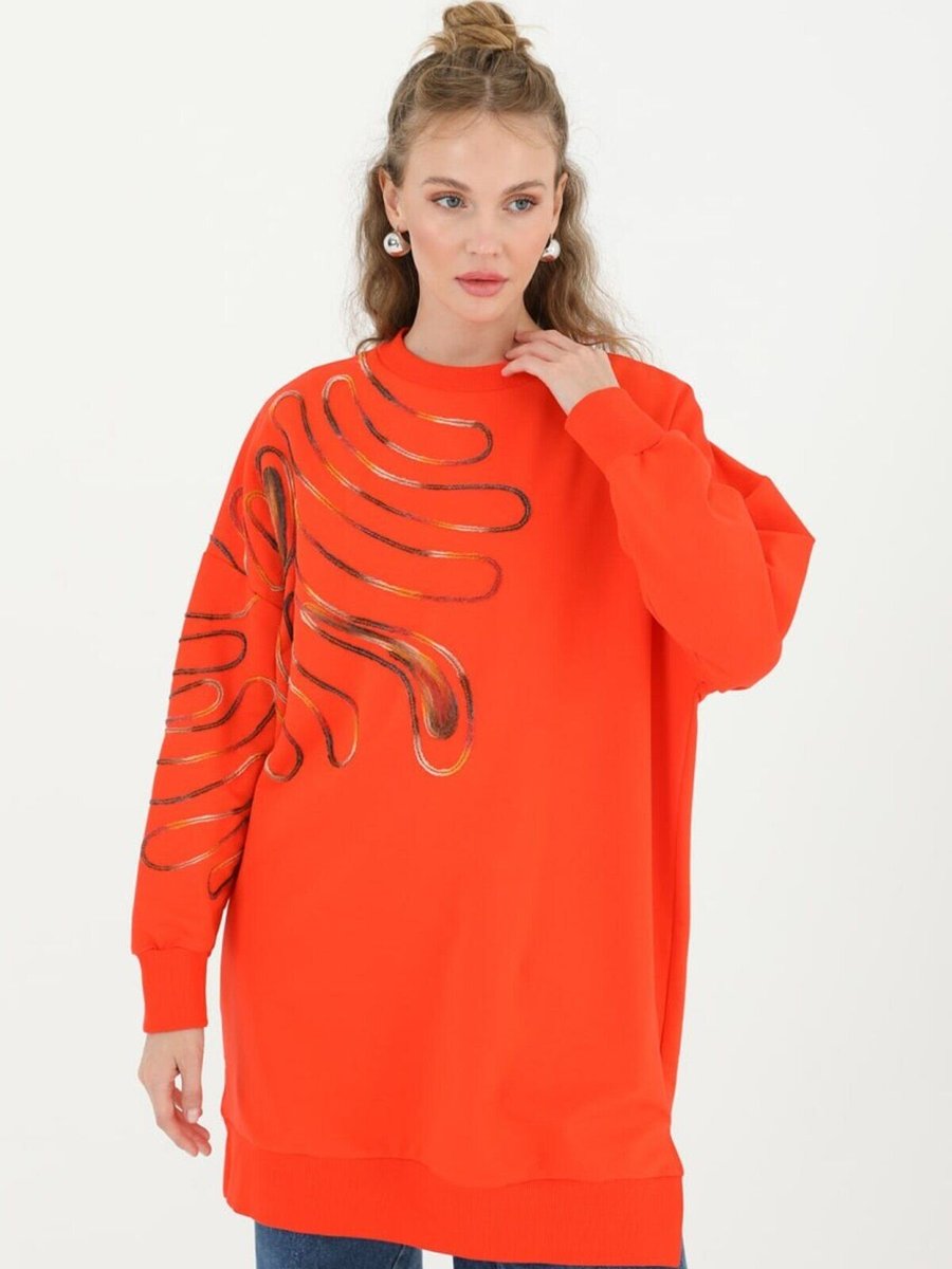 Puane Turuncu İki İplik Kumaş Örgü Desenli Sweatshirt