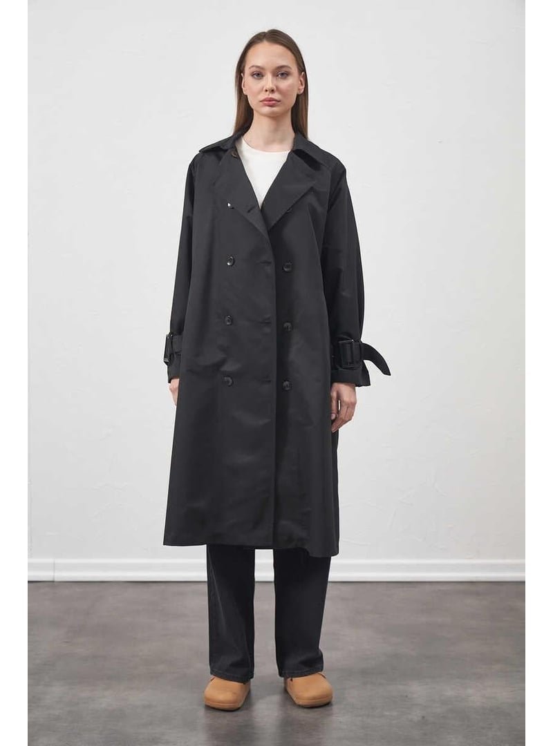 Mevra Siyah Tokalı Oversize Trençkot