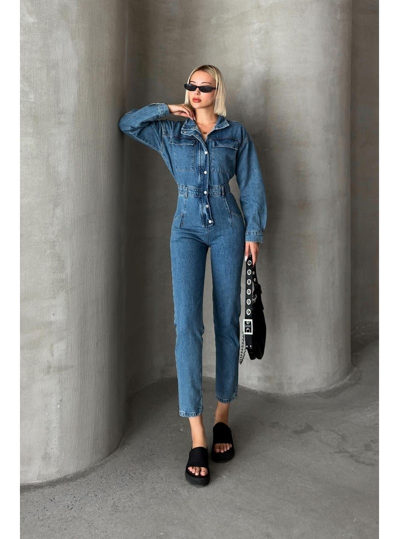 Olcay Mavi Çıt Detaylı Denim Tulum