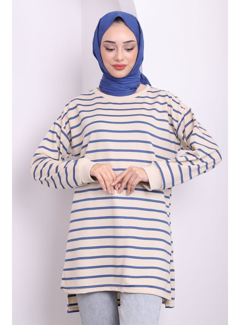 İmaj Butik İndigo Yanları Yırtmaçlı Çizgili Tunik