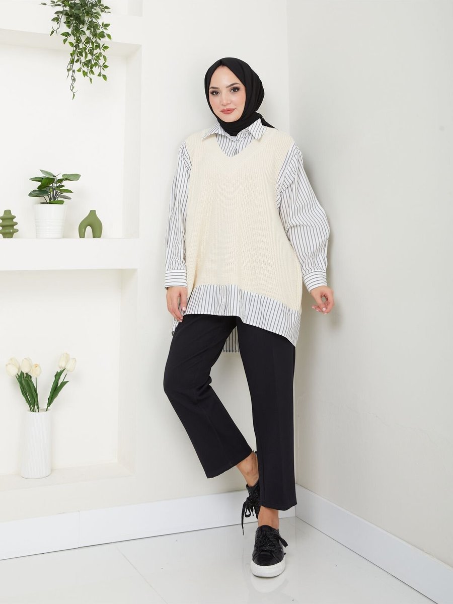 VOLT CLOTHİNG Ekru Gömlekli Triko Tunik