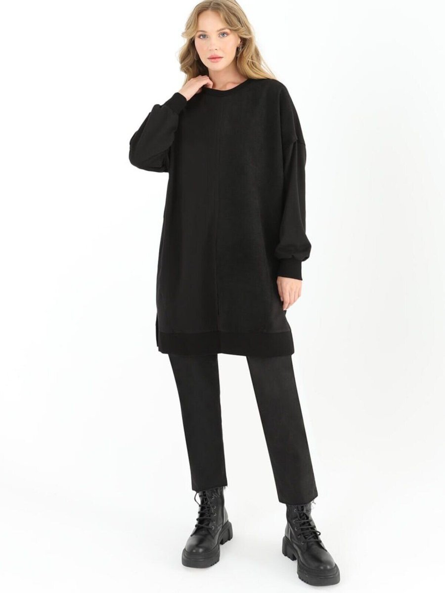 Puane Siyah İki İplik Kumaş Çizgili Garnili Sweatshirt