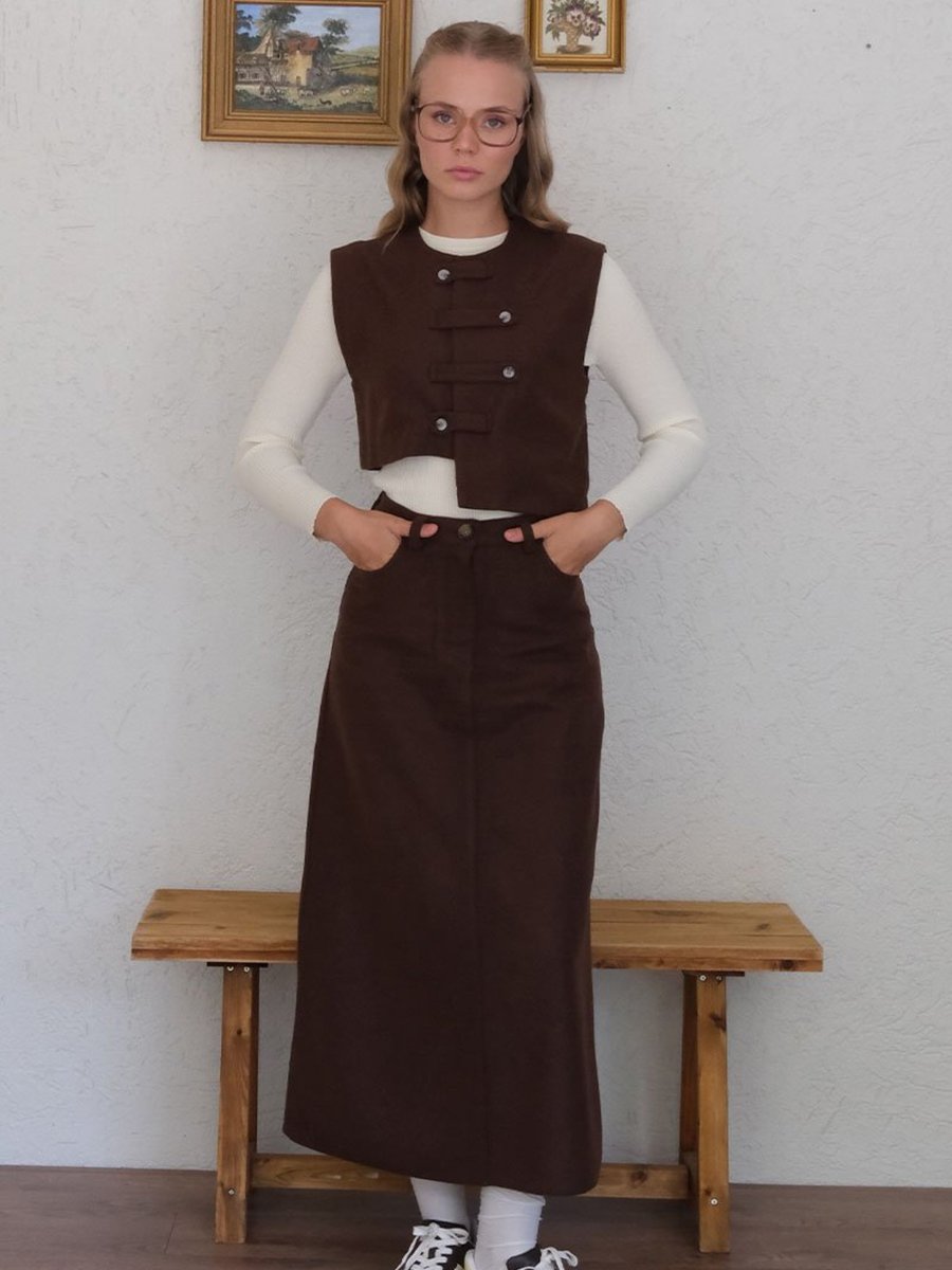 Ceylan Otantik Acı Kahve Çapraz Düğmeli Vintage Yelek