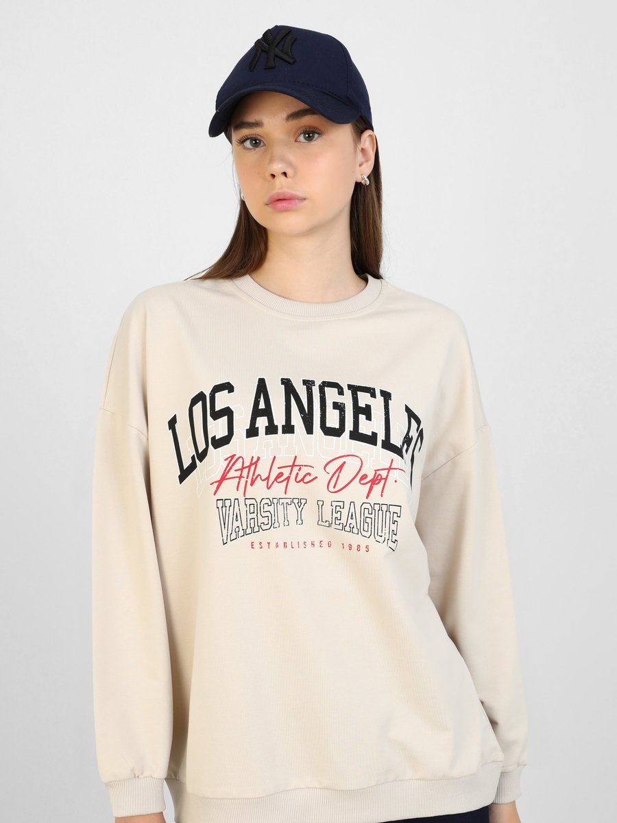 Benin Taş Rengi Baskı Detaylı Sweatshirt
