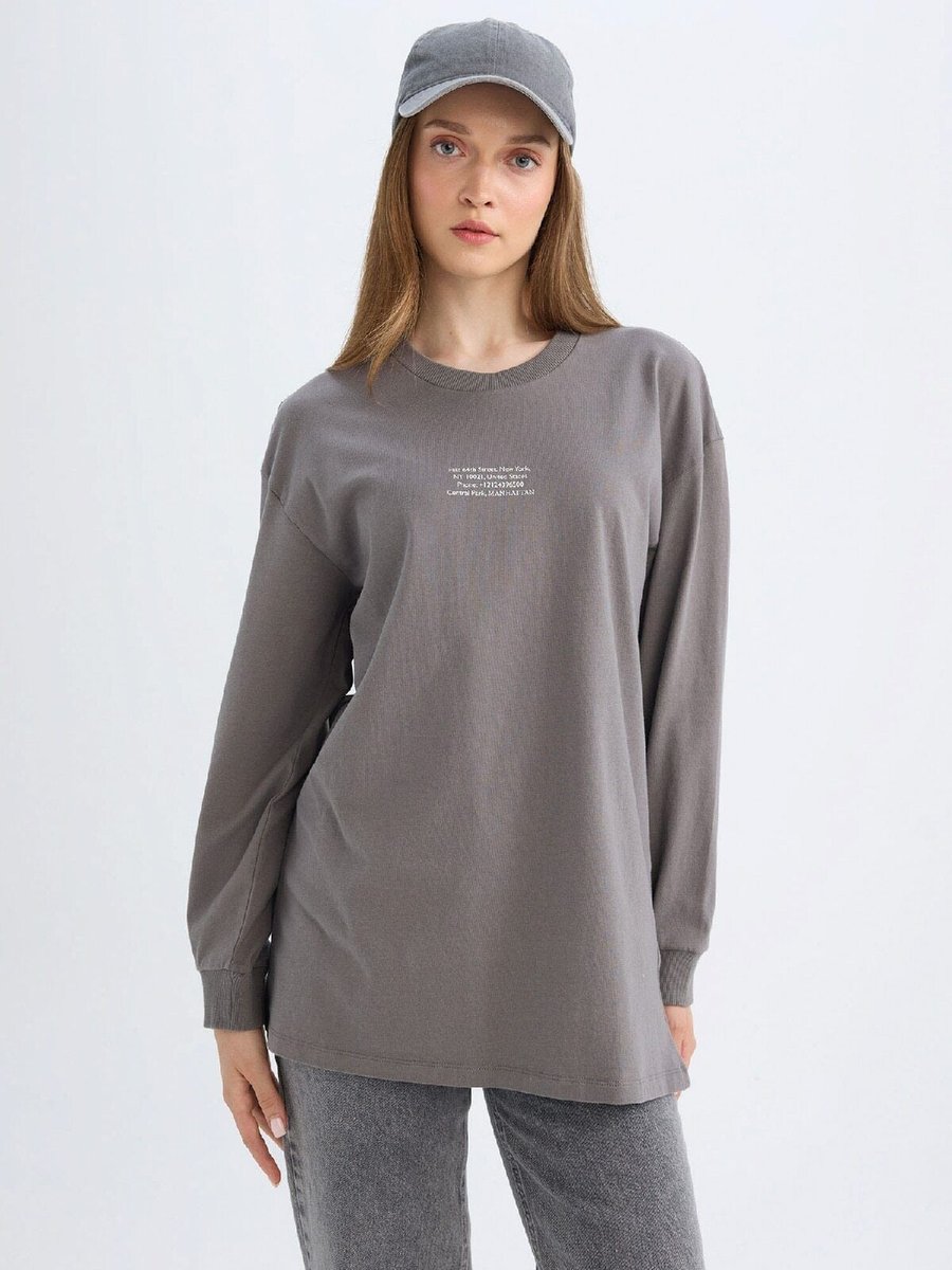 Defacto Regular Fit Bisiklet Yaka Baskılı Sweatshirt Tunik D0391ax24au
