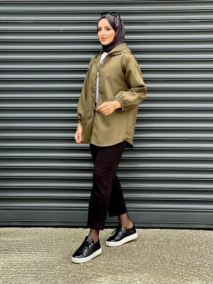 Nergis Neva Butik Haki Kapüşonlu Önü Baglamalı Kimono