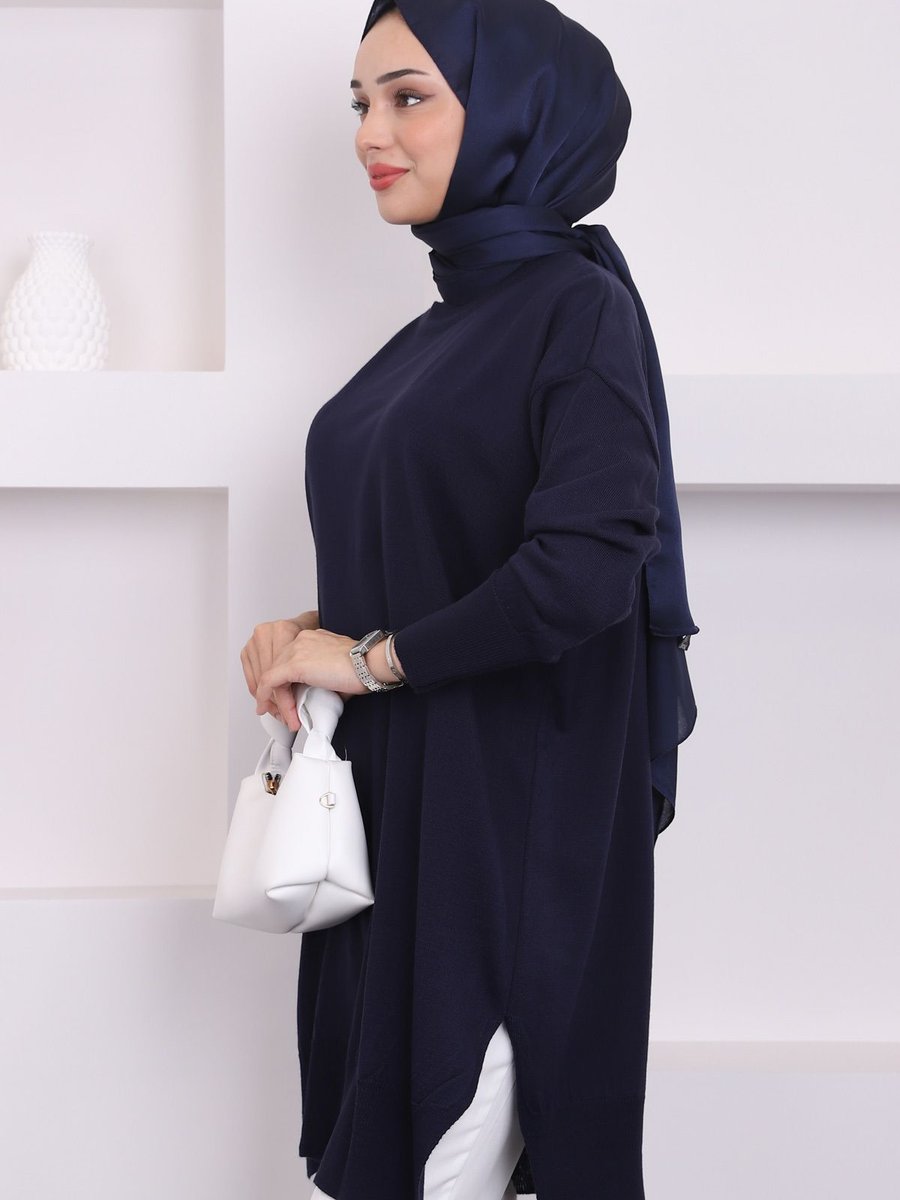 İmajbutik Lacivert Bisiklet Yaka İnce Merserize Salaş Triko Tunik