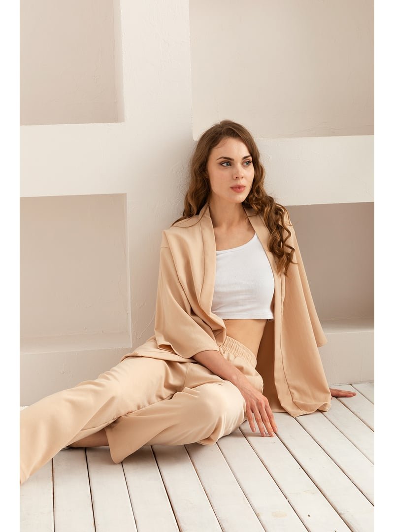 Nisanca Geniş Paça Keten Dokulu Alt Üst Yazlık Takım Bej Kimono