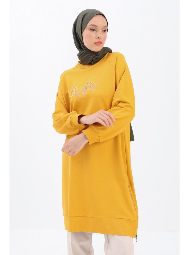Allday Sarı Nakışlı Fermuar Detaylı Reglan Kol Sweat Tunik