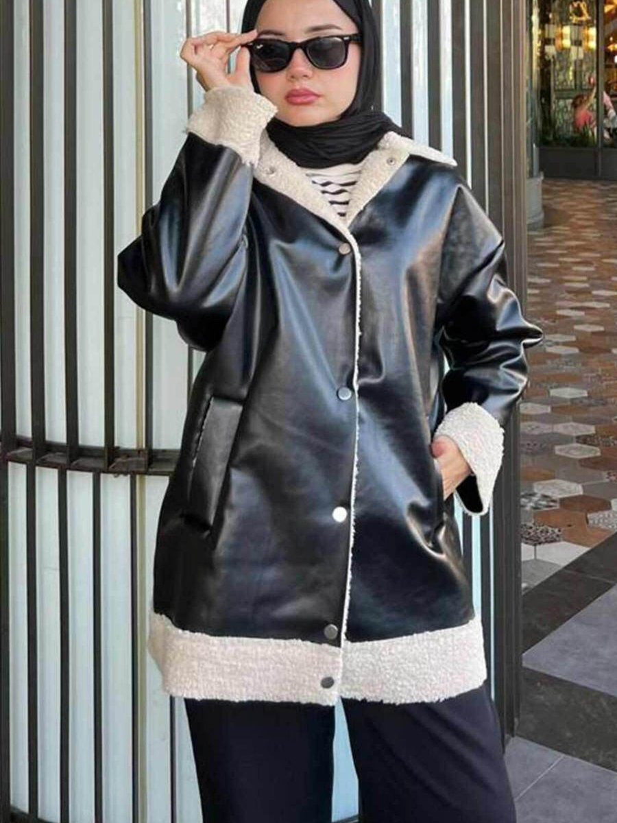 Neva Style Kürk Detaylı Siyah Deri Ceket