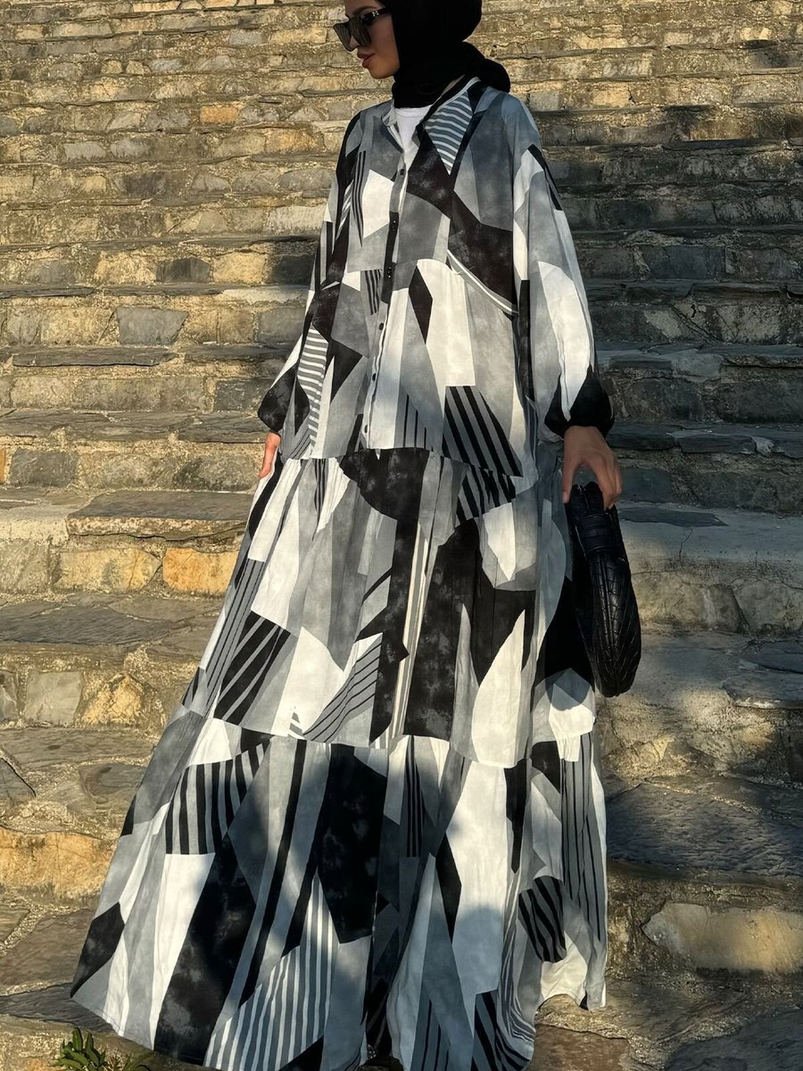 QLAY Siyah Desenli Oversize Yazlık Viskon Elbise
