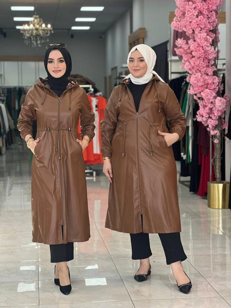 Zümra Tesettür Moda Uzun Deri Trenç Taba Beden