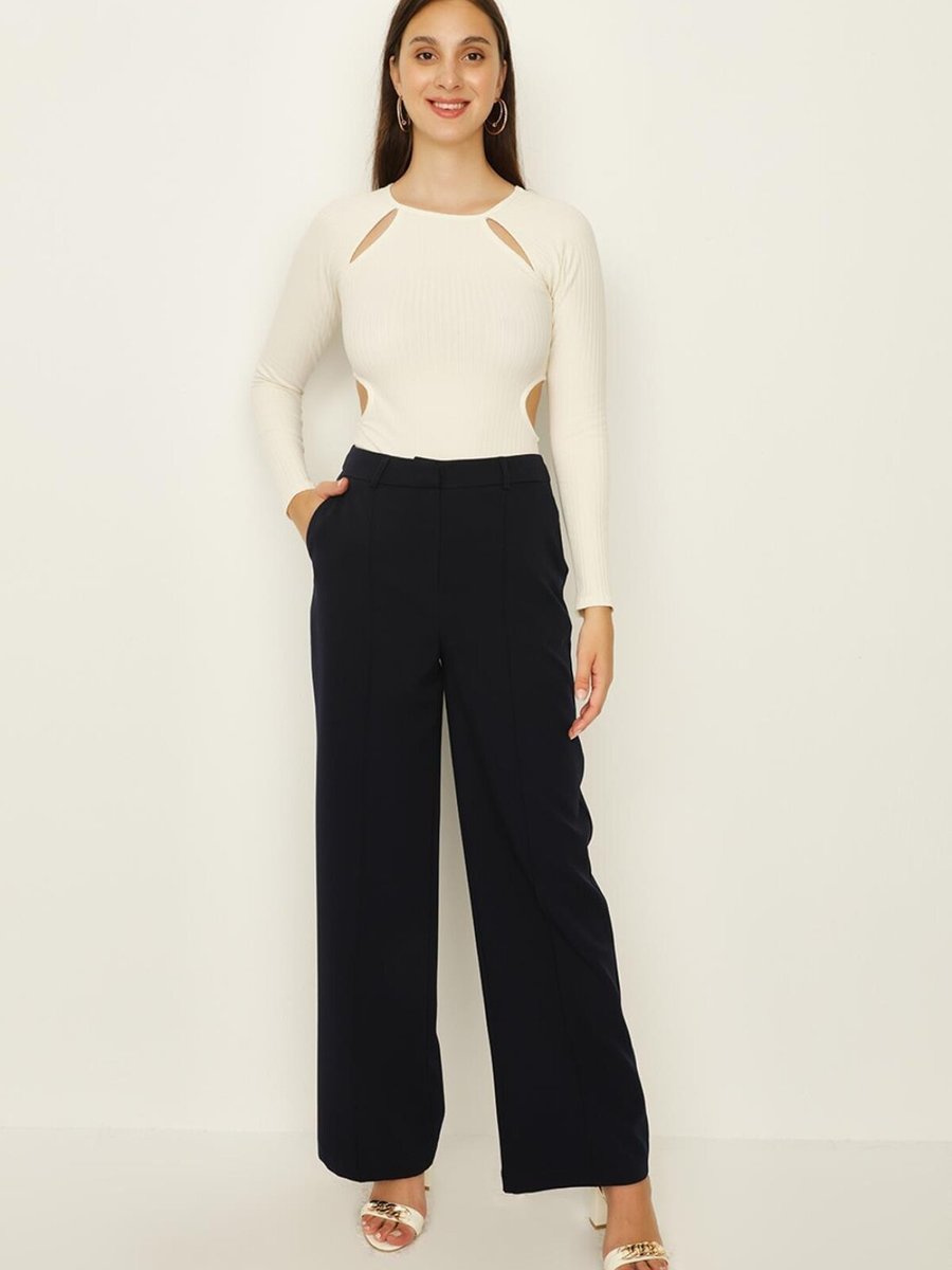 Select Moda Lacivert Nervür Dikişli Geniş Paça Pantolon