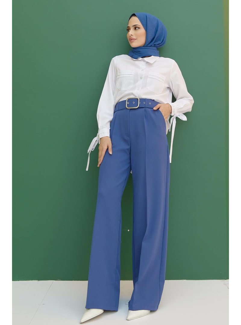 Hakimoda İndigo Kemerli Pileli Pantolon