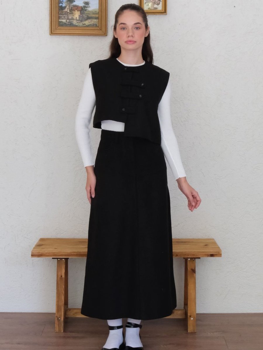 Ceylan Otantik Siyah Çapraz Düğmeli Vintage Yelek