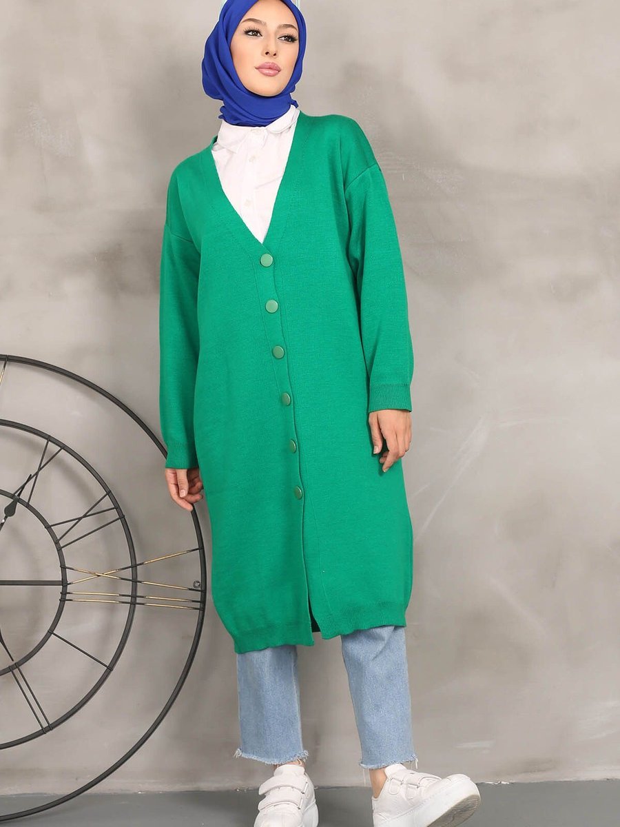 İmajbutik Yeşil Düğmeli Uzun Triko Hırka