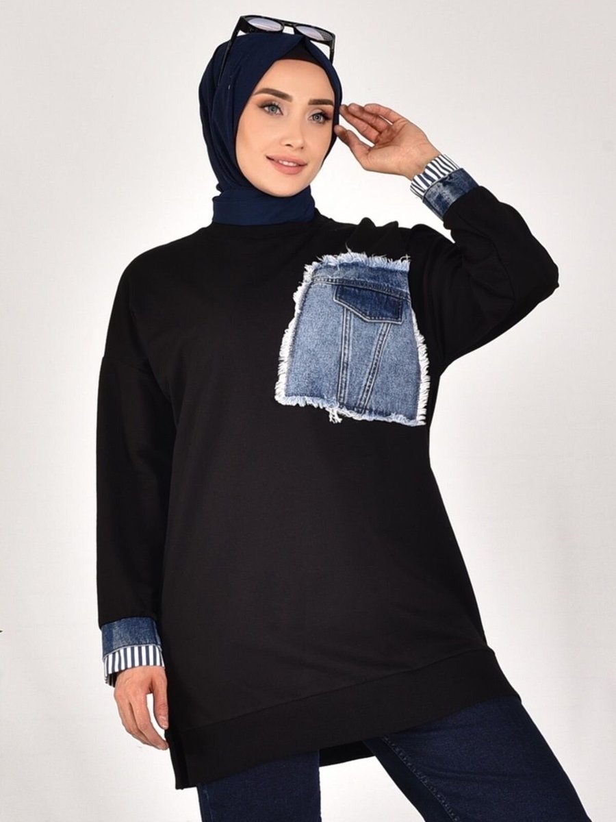 Puane Siyah İki İplik Kumaş Kot Garnili Sweatshirt
