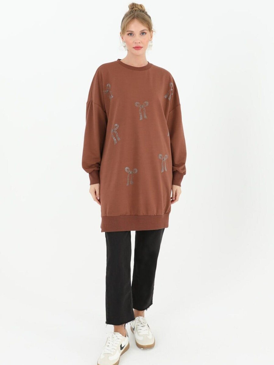 Puane Kahverengi İki İplik Kumaş Taş Baskılı Sweatshirt
