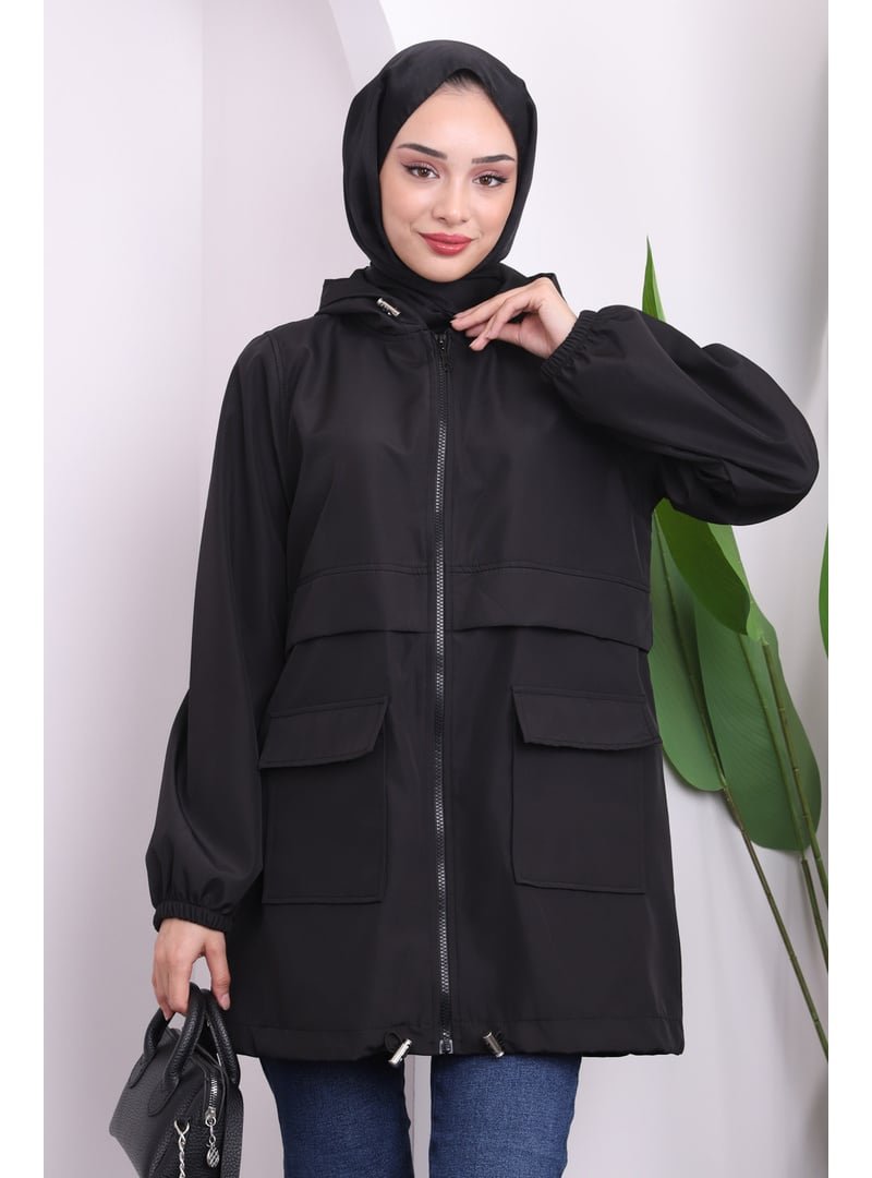 İmaj Butik Siyah Kapüşonlu Fermuarlı Kısa Trenç