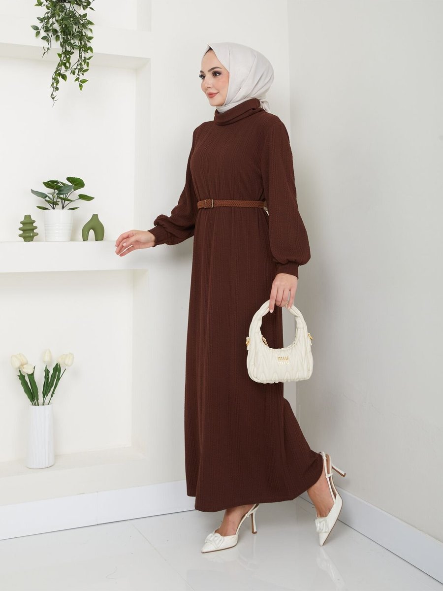VOLT CLOTHİNG Kahverengi Kemerli Balıkçı Yaka Elbise